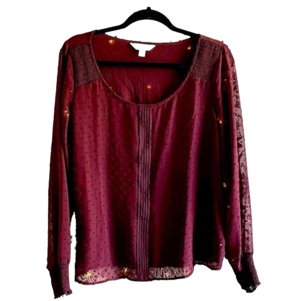 Lauren Conrad crimson sheer embellished long sleeve blouse, size L